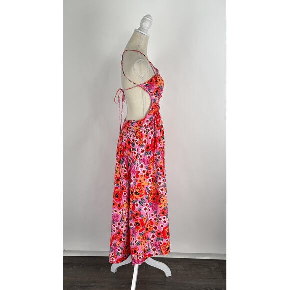 Sundae Muse Floral Halter Cut Out Back Midi Dress Pink Orange Womens Size 12 - Picture 4 of 10